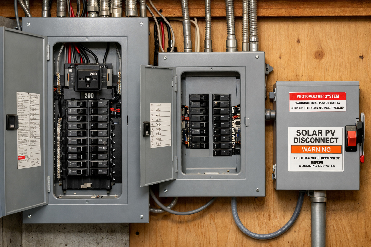 Service entry overview showing utility meter, main electrical panel, and solar AC disconnect.